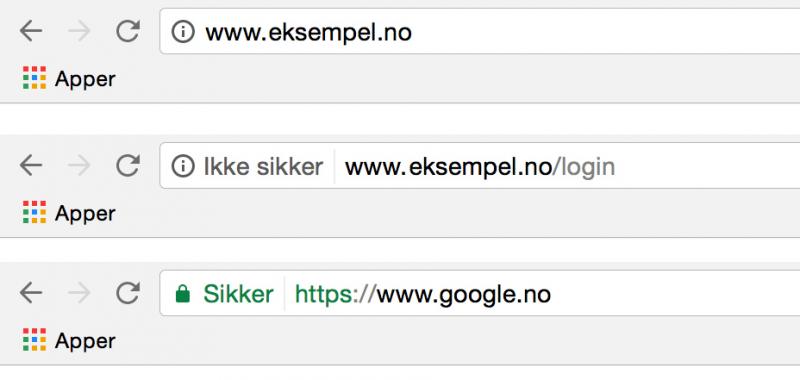 Chrome adressefelt med og uten https / SSL